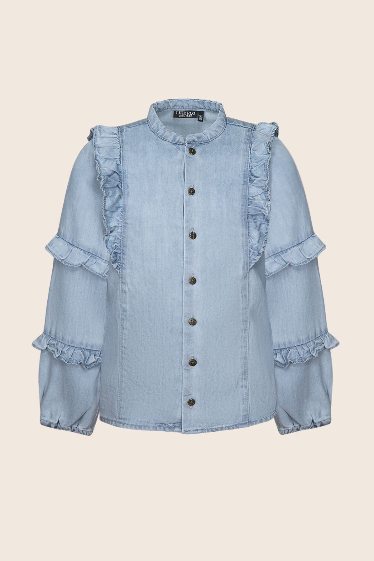 Blouse Carlijn Flo girls chambray blouse with ruffles on sleeves lt denim