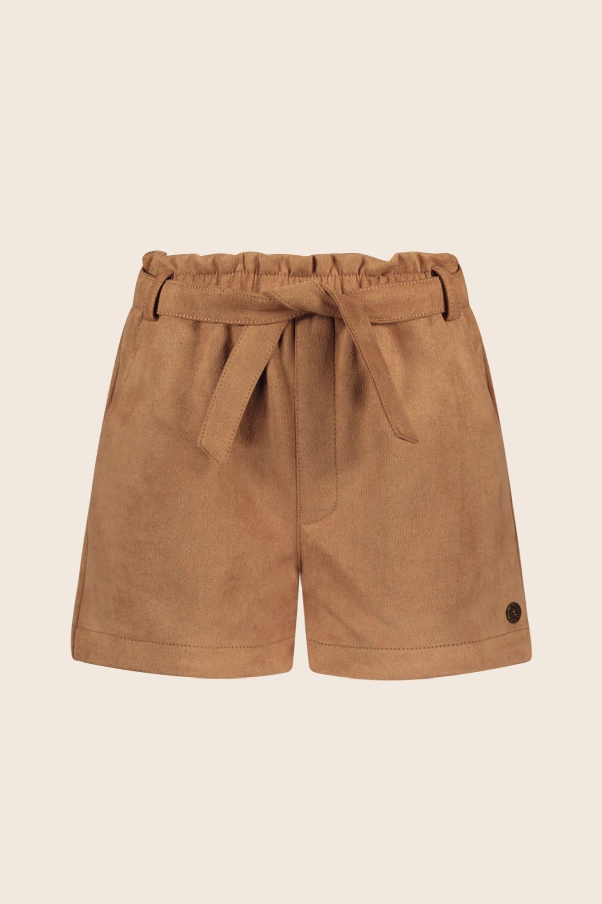 Fay-Linn Flo fake leather short with shell belt Cognac